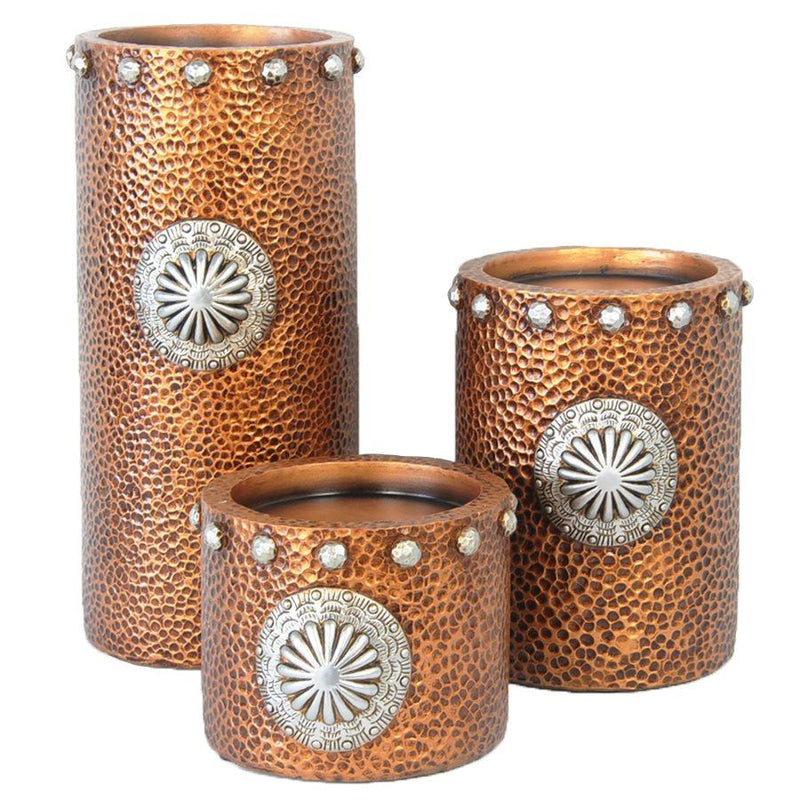 Faux Hammered Copper Western Pillar Candle Holder - Set of 3 - Ozark Cabin Décor, LLC