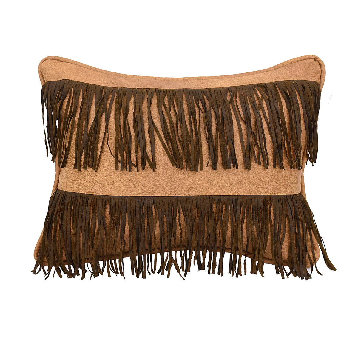 Double Row Fringe 16" x 21" Tan Faux Leather Throw Pillow