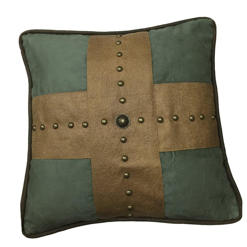 Western Las Cruces Gold Studded Cross 18" x 18" Tan & Turquoise Throw Pillow