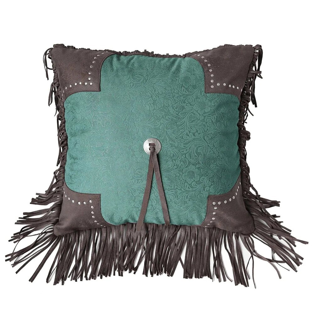 Cheyenne Scalloped Edge 18" x 18" Turquoise Throw Pillow With Silver Concho, Studs, & Fringed Edges