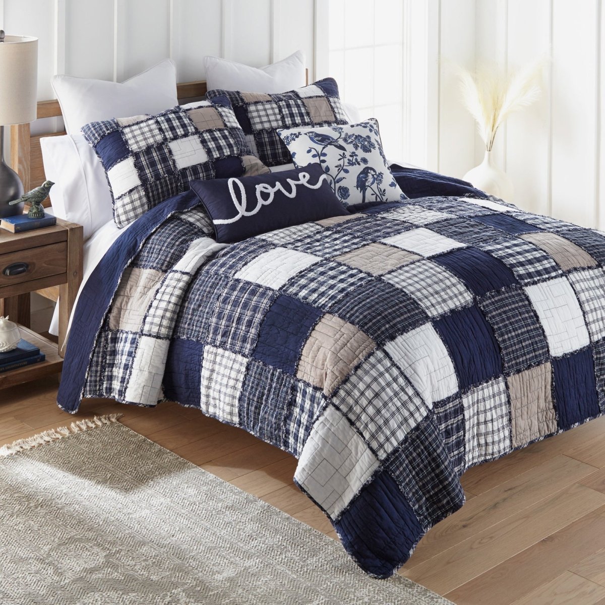 Checkerboard Indigo 3pc Reversible Quilt Set