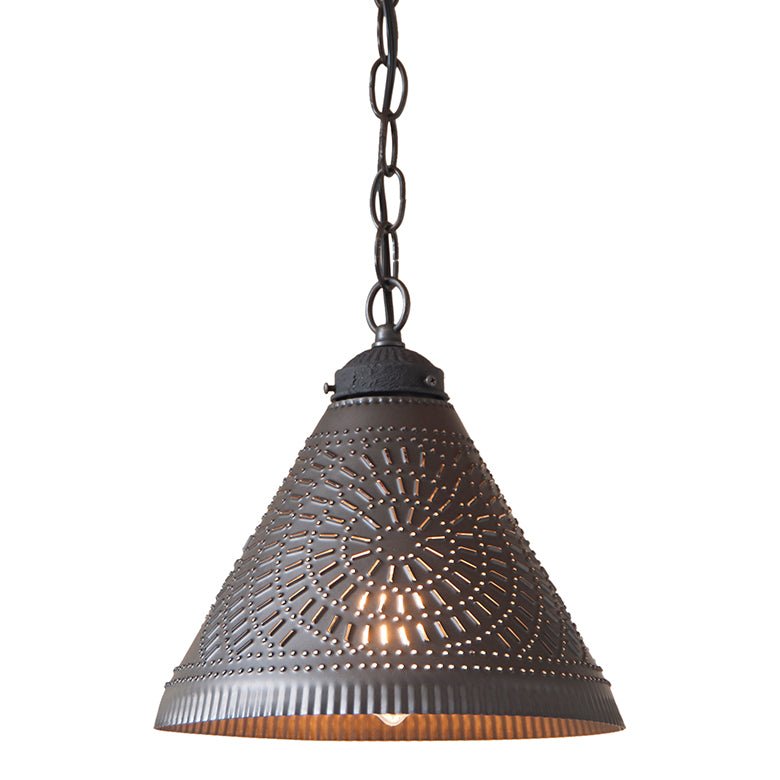 Wellington Shade Punched Tin Pendant Light - Kettle Black - Ozark Cabin Décor, LLC