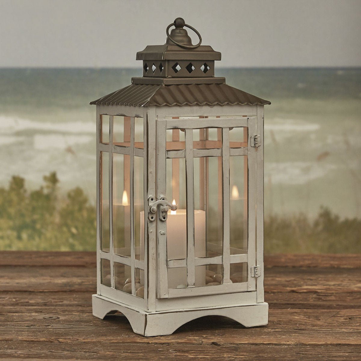 Large White Distressed Lantern Pillar Candle Holder - Thumbnail 3