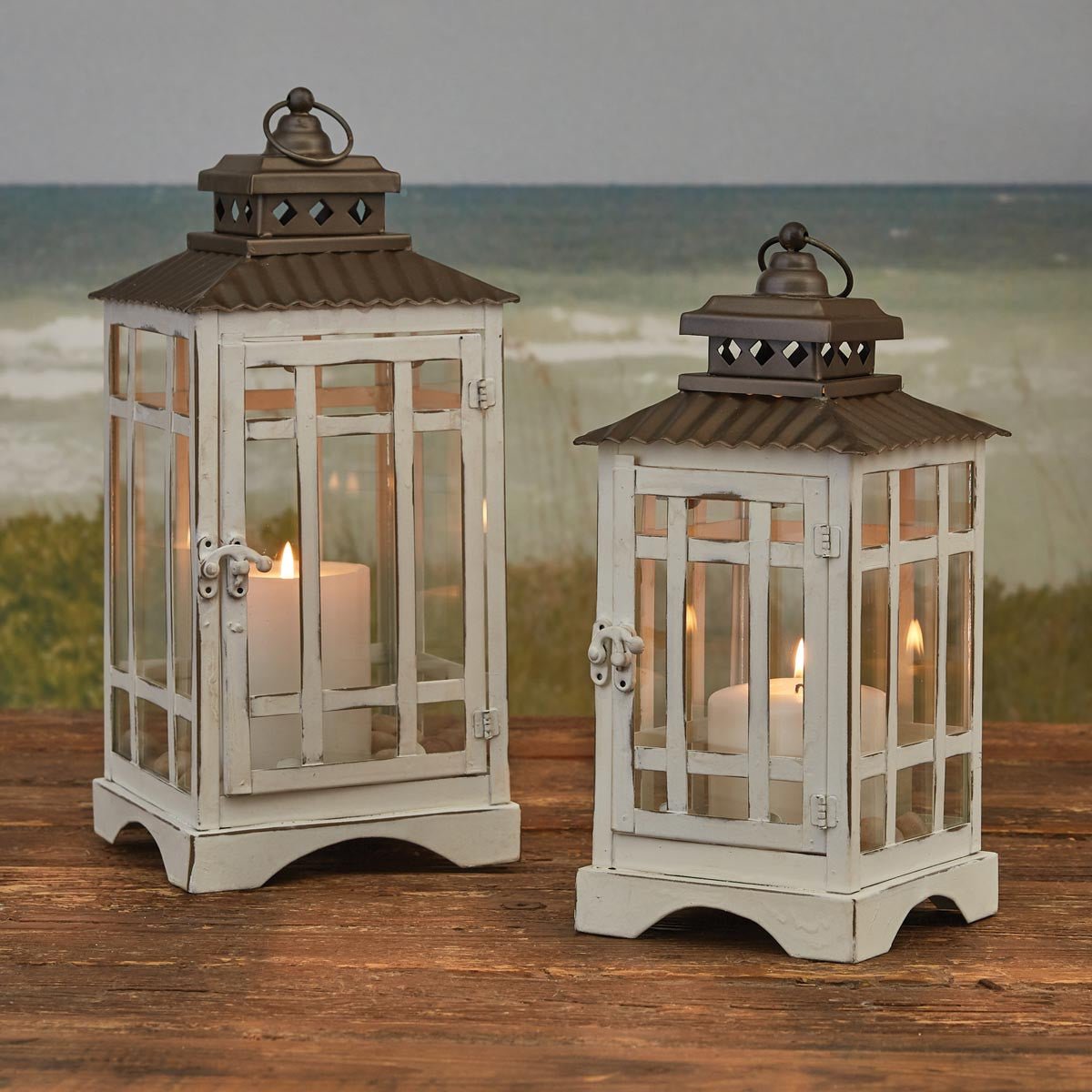 Large White Distressed Lantern Pillar Candle Holder - Thumbnail 2