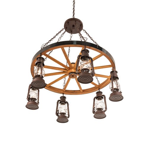 40" Wide Miners Lantern Wagon Wheel 6 Light Chandelier - Distressed Rust - Ozark Cabin Décor, LLC