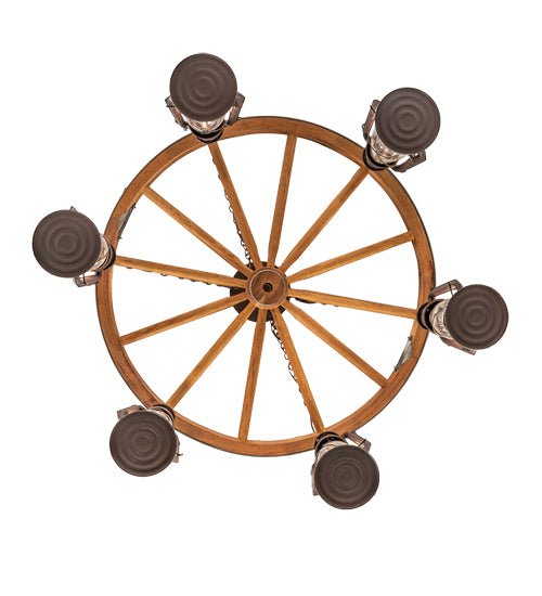 40" Wide Miners Lantern Wagon Wheel 6 Light Chandelier - Distressed Rust - Ozark Cabin Décor, LLC