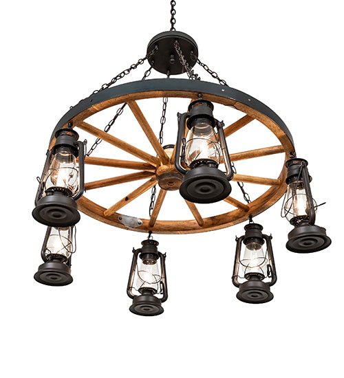 40" Wide Miners Lantern Wagon Wheel 6 Light Chandelier - Ozark Cabin Décor, LLC