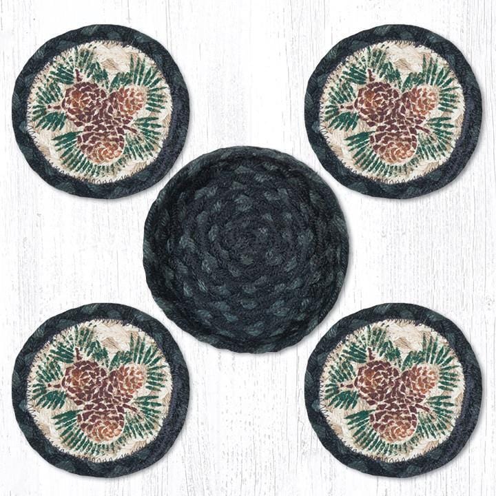 "5" Round Pinecone Jute Coaster Set with Hand-Stenciled Pinecone and Sprigs Design by Earth Rugs™."