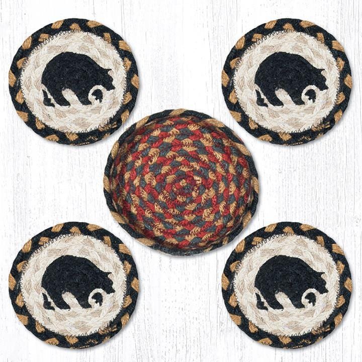 CNB-043 5" Round Jute Coasters With Hand-Stenciled Black Bear Design and Matching Basket Set 