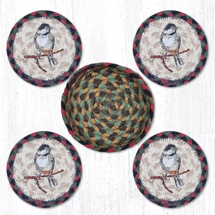 "Chickadee Jute Coaster Set with Hand-Stenciled Chickadee Design by Earth Rugs™. These 5" round, braided jute coasters are 100% Natural Jute."