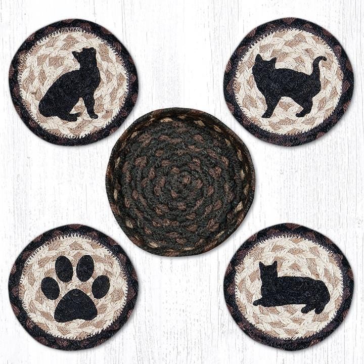 CNB-313 5" Round Hand Crafted Country Porch Cat Jute Coaster Set with Hand-Stenciled Cat Designs by Earth Rugs™
