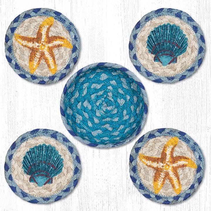 CNB-378 5" Round Jute Coasters With Hand-Stenciled Starfish & Scallop Design With Matching Basket Set 