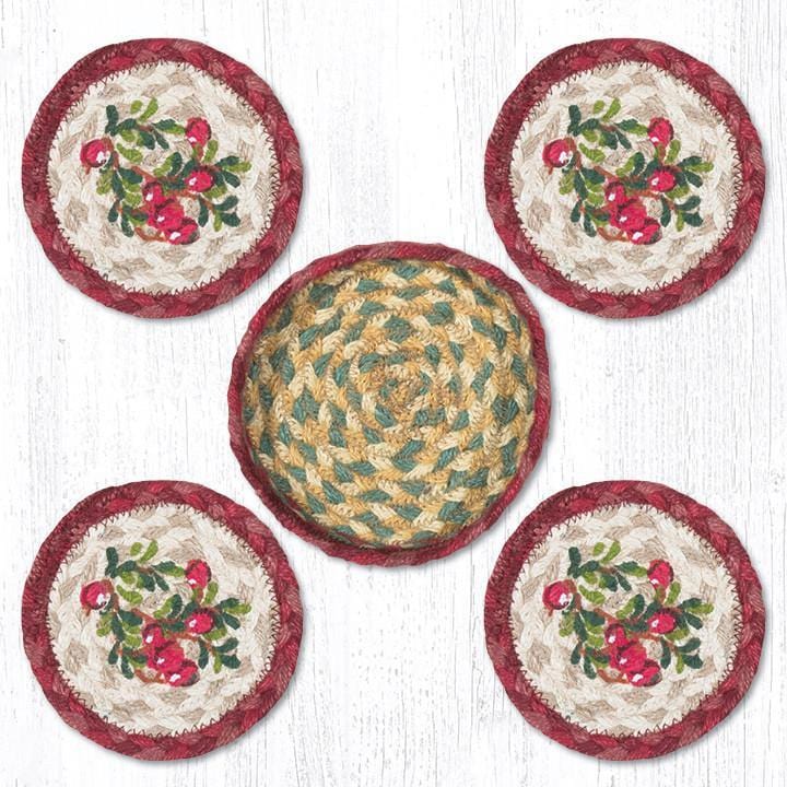 "5"  Country Cottage Cranberries Jute Coaster Set with Hand-Stenciled Cranberries Design by Earth Rugs™."