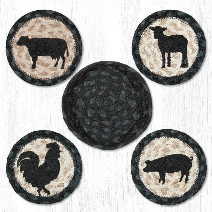CNB-459 5" Round Hand Crafted Farm Barnyard Animals Jute Coaster Set with Hand-Stenciled Barnyard Animal Designs by Earth Rugs™.