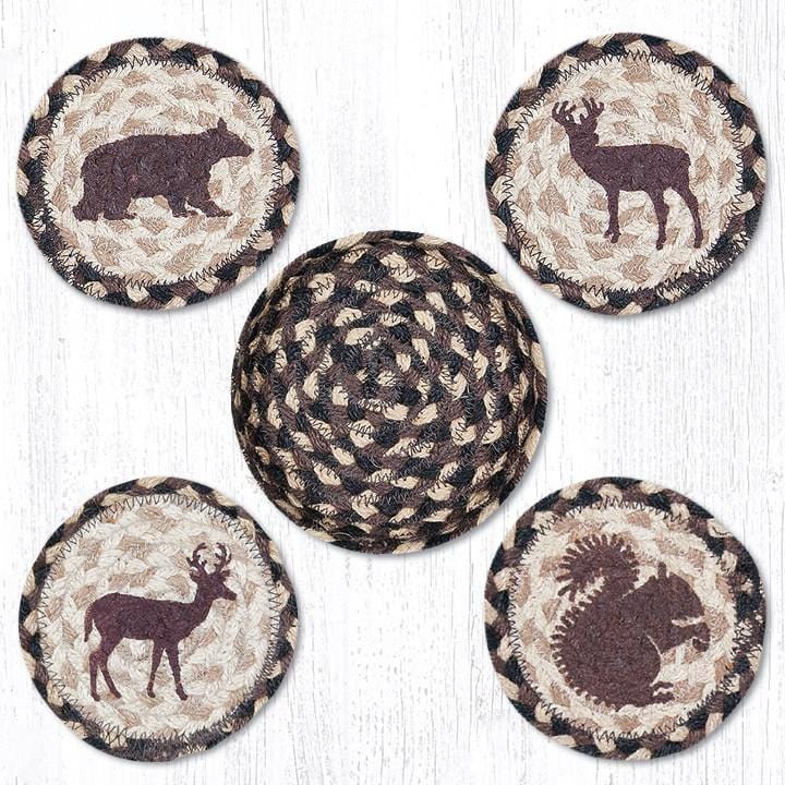 Wildlife Braided Jute Coaster Set with Hand-Stenciled Wildlife Designs of Deer, Bear, and Squirrel by Earth Rugs™. These 5" round, braided jute coasters are 100% Natural Jute and come with a matching basket. 