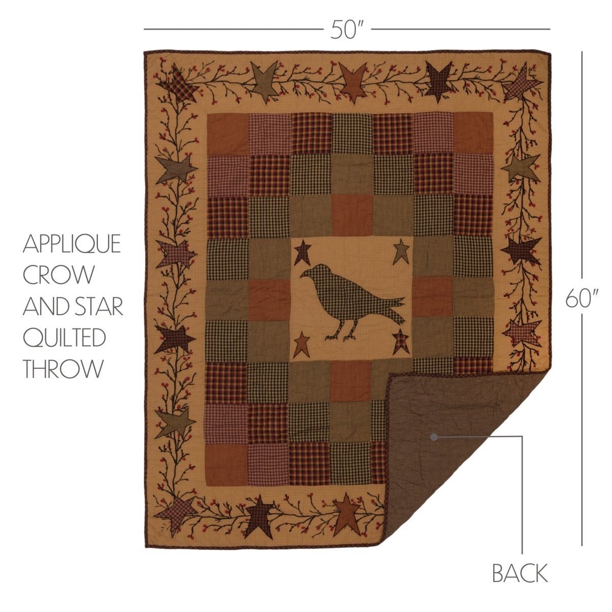 Heritage Farms Applique Crow and Star Quilted Throw - Thumbnail 3