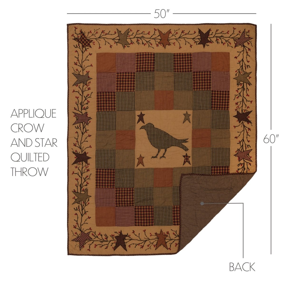Heritage Farms Applique Crow and Star Quilted Throw - Ozark Cabin Décor, LLC