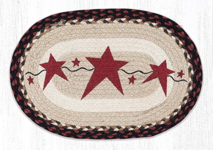 Burgundy Stars Oval Braided Natural Jute Placemat - Thumbnail 3