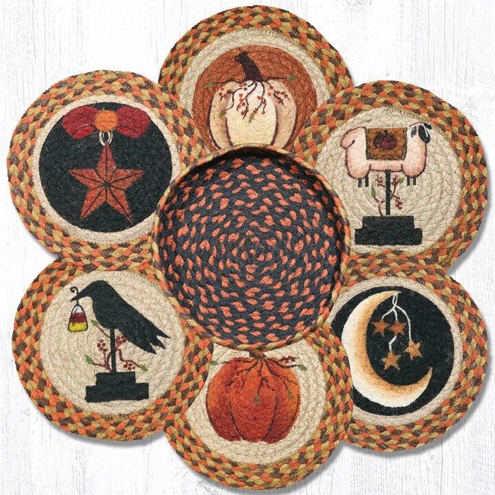 "Autumn Braided Jute Trivet/Basket Set with black crow, pumpkins, star, sheep, and moon by Earth Rugs."