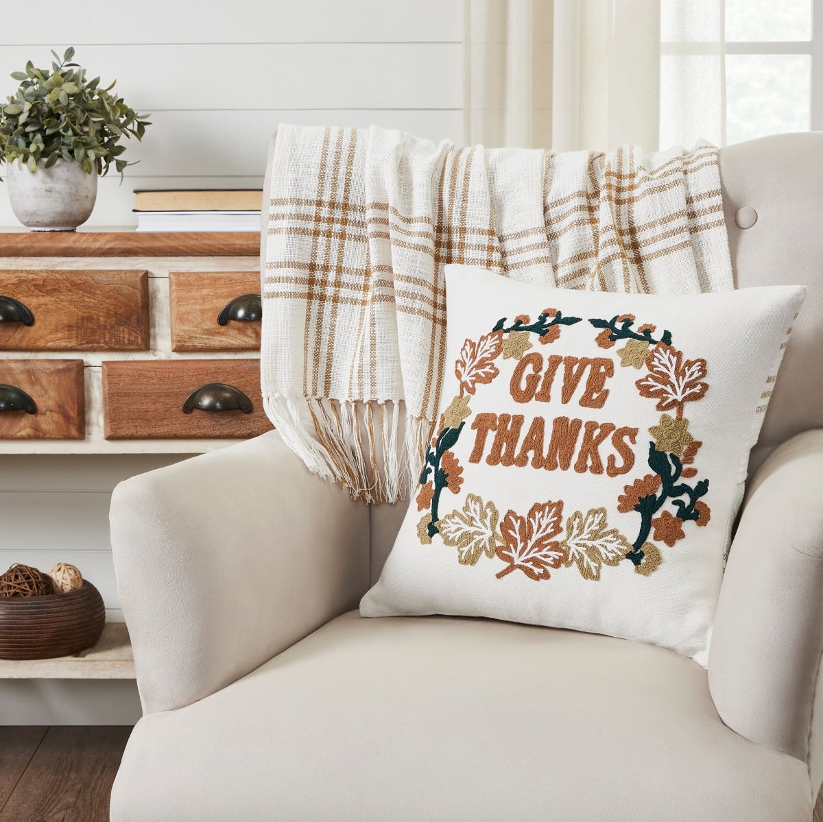 Wheat Plaid Give Thanks Pillow - Ozark Cabin Décor, LLC