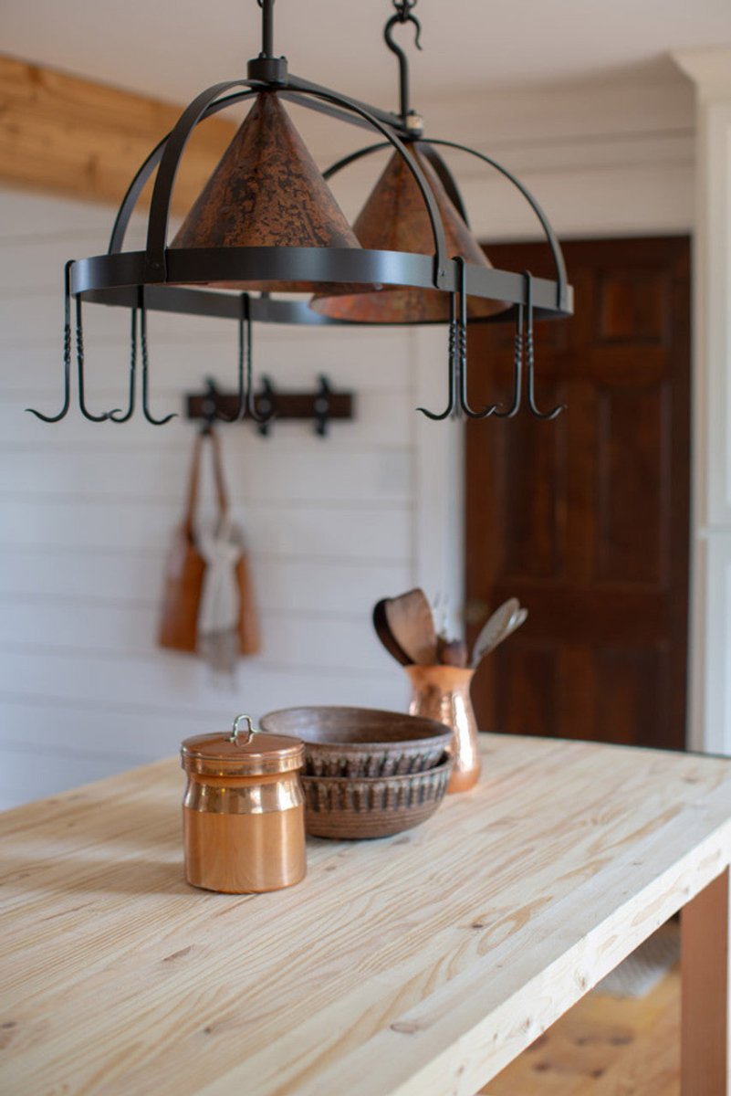 Dutch Oval Hand-Forged Iron Lighted Pot Rack With Copper Shade - Ozark Cabin Décor, LLC