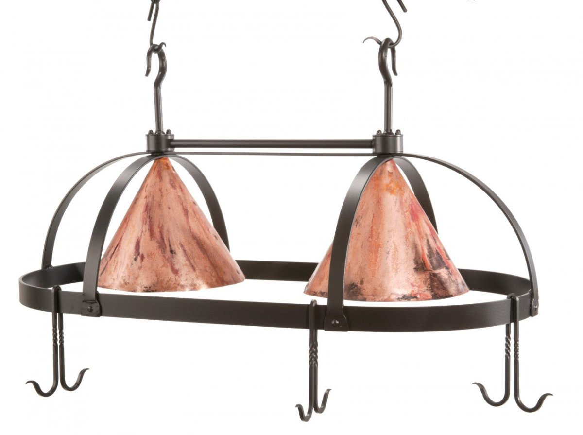 Dutch Oval Hand-Forged Iron Lighted Pot Rack With Copper Shade - Ozark Cabin Décor, LLC