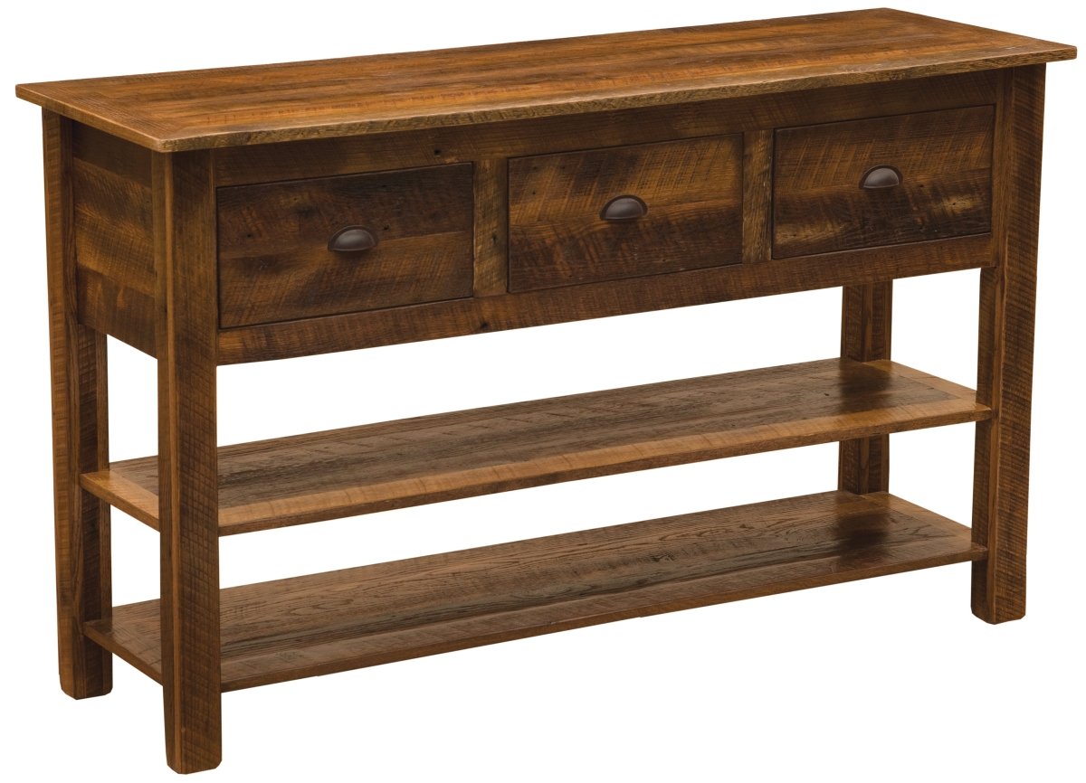 Barnwood Three Drawer Console Table With Shelves - Ozark Cabin Décor, LLC