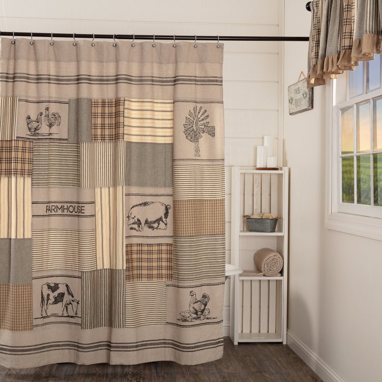 Sawyer Mill Charcoal Stenciled Patchwork Shower Curtain - Ozark Cabin Décor, LLC