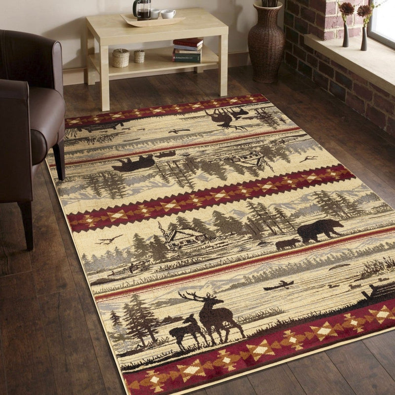  Cabin Style Area Rug, 3x4ft, Rustic Western Country Carpet,  Cabin Nature and Animals Area Rug, Small Boat Recreational Fishing Non-Slip  Carpet, Lodge Native Design Bedroom Living Room Decoration : Home 