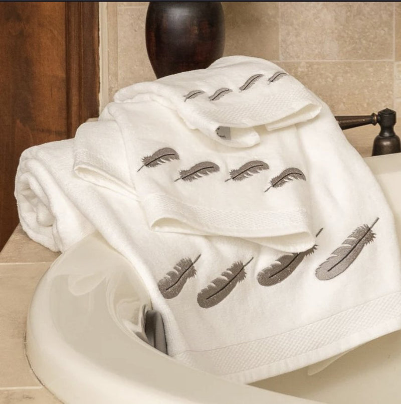 Feather Embroidery 3-PC Bath Towel Set - White - Ozark Cabin Décor, LLC