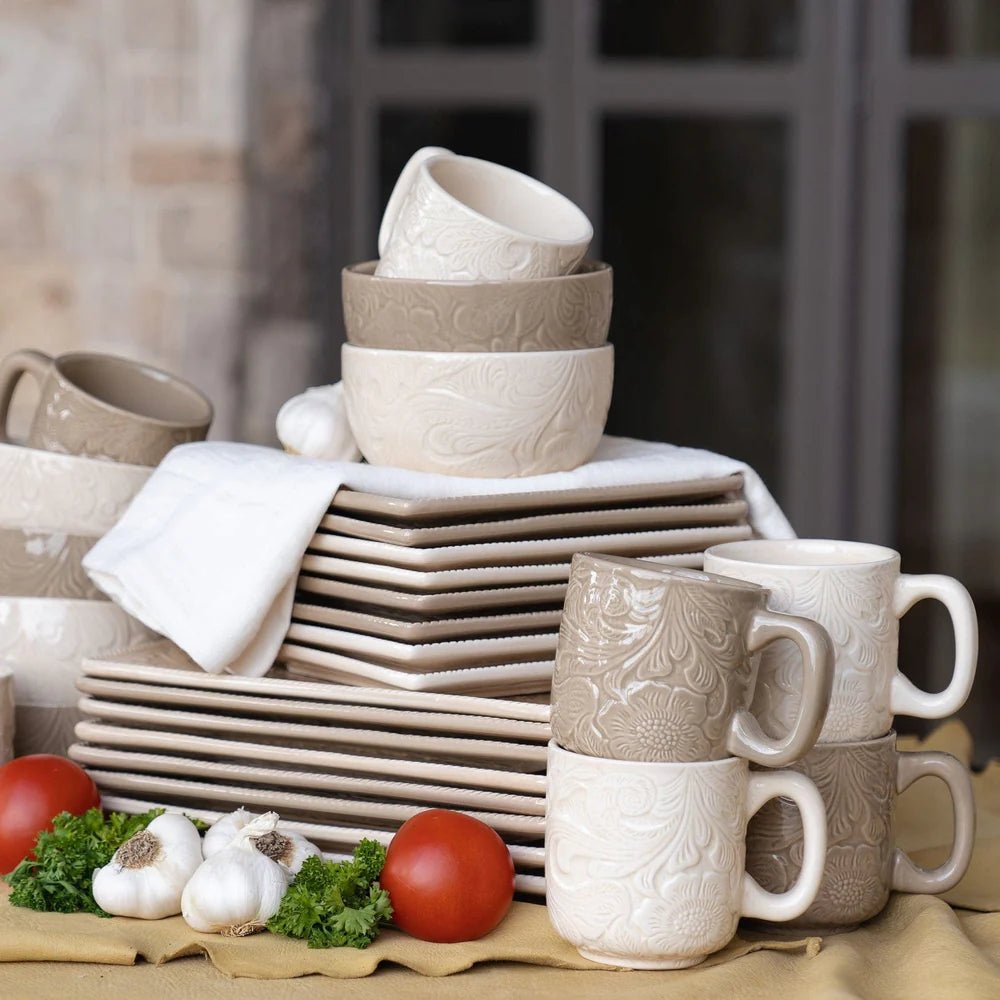 Savannah 16-Pc Ceramic Dinnerware Set - Taupe - Ozark Cabin Décor, LLC