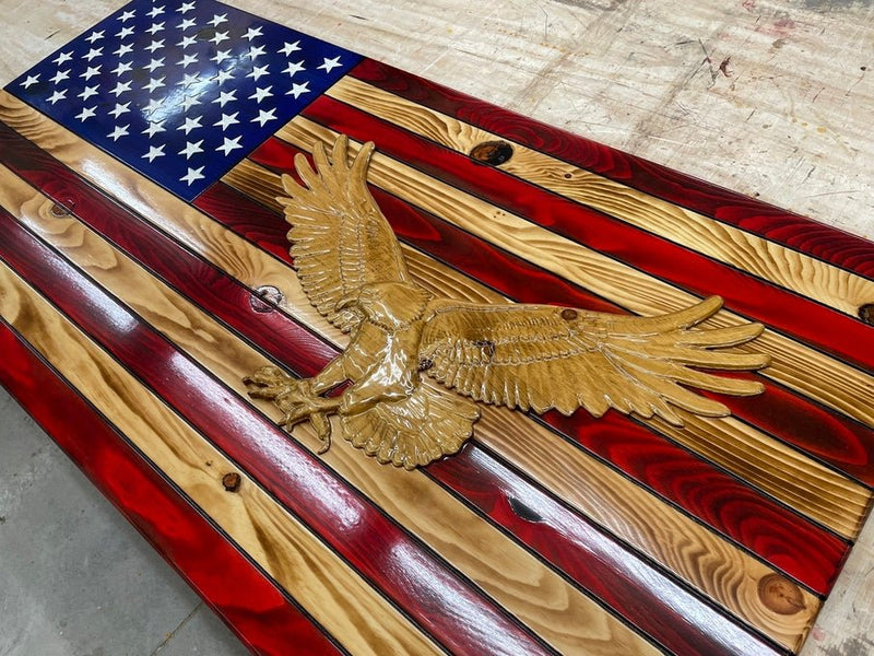 91107 3-D Bald Eagle Rustic Wooden American Flag w/Engraved and Painted Stars - Ozark Cabin Décor, LLC