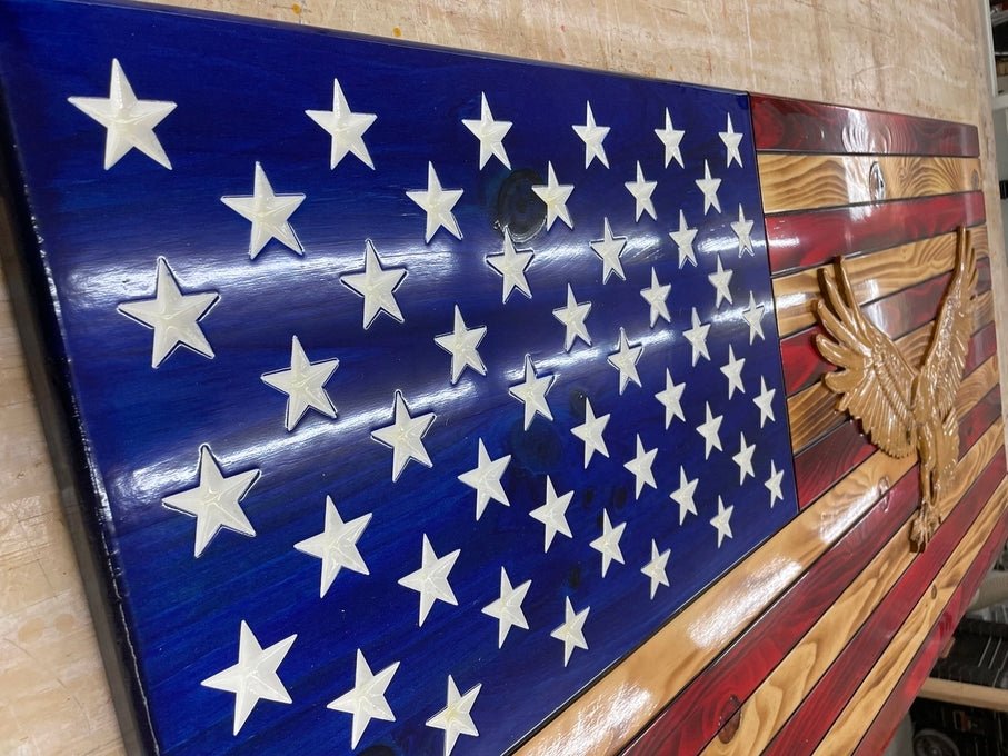 91107 3-D Bald Eagle Rustic Wooden American Flag w/Engraved and Painted Stars - Ozark Cabin Décor, LLC