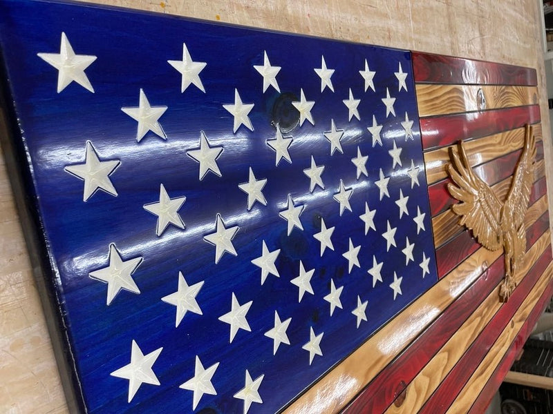 91107 3-D Bald Eagle Rustic Wooden American Flag w/Engraved and Painted Stars - Ozark Cabin Décor, LLC