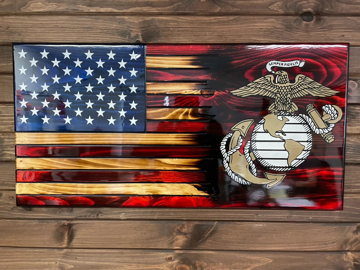 Marine Wooden American Flag - Engraved - Ozark Cabin Décor, LLC