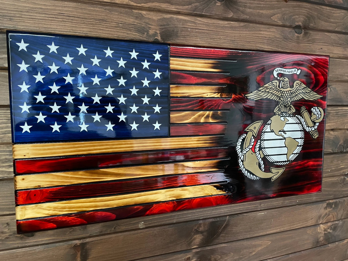 Marine Wooden American Flag - Engraved