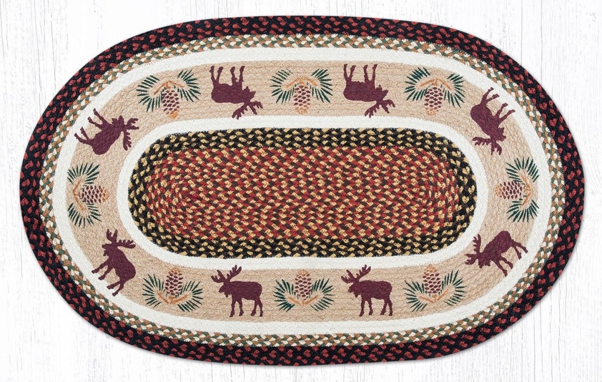 OP-019 Rustic Moose & Pinecones Braided Jute Rug - Ozark Cabin Décor, LLC