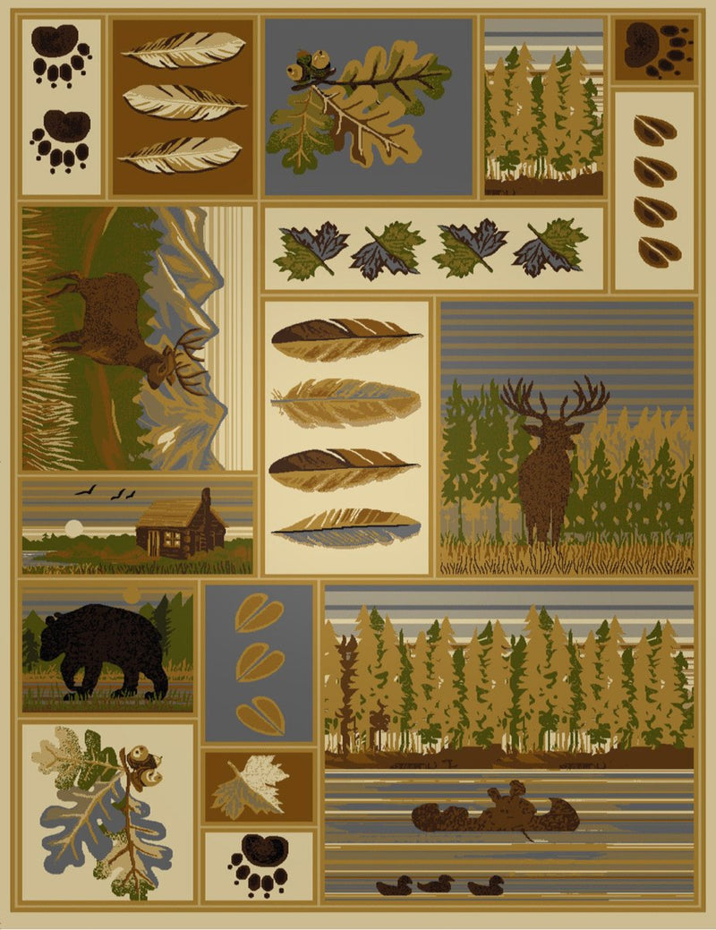 Rustic Lodge Retreat Bear/Deer/Cabin/Lake/Ducks/Mountains/Feathers/Leaves 8'x10' Stain-Resistant Cabin Area Rug