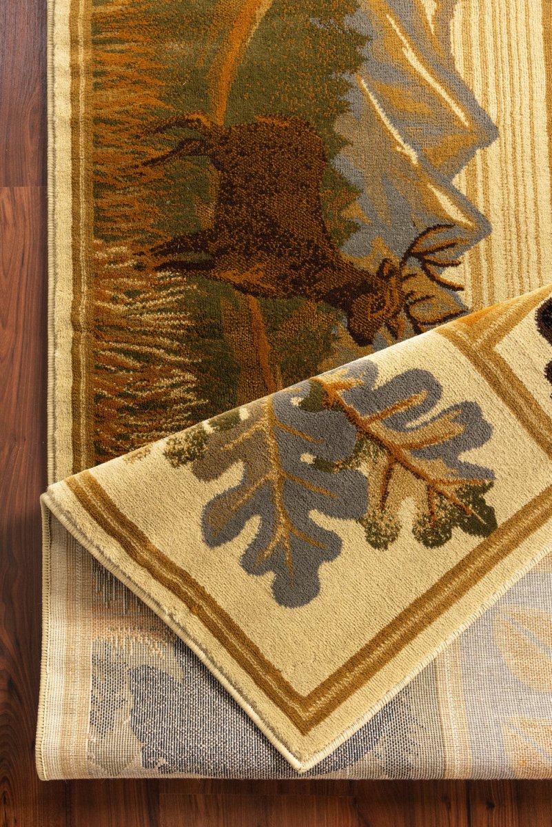 Rustic Lodge Retreat Bear/Deer/Cabin/Lake/Ducks/Mountains/Feathers/Leaves 5'x7' Stain-Resistant Cabin Area Rug