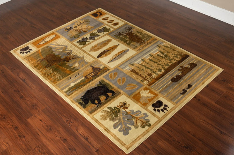 Rustic Lodge Retreat Bear/Deer/Cabin/Lake/Ducks/Mountains/Feathers/Leaves 5'x7' Stain-Resistant Cabin Area Rug
