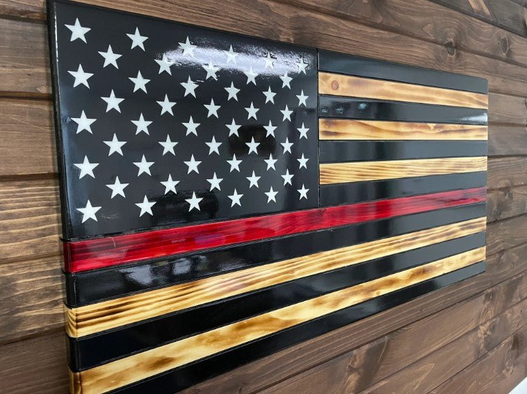 91110 Handcrafted Thin Red Line Wooden Fireman Flag - Ozark Cabin Décor, LLC