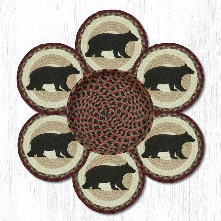 " Six 10" Cabin Bear Braided Jute Trivets with Matching Basket by Earth Rugs."