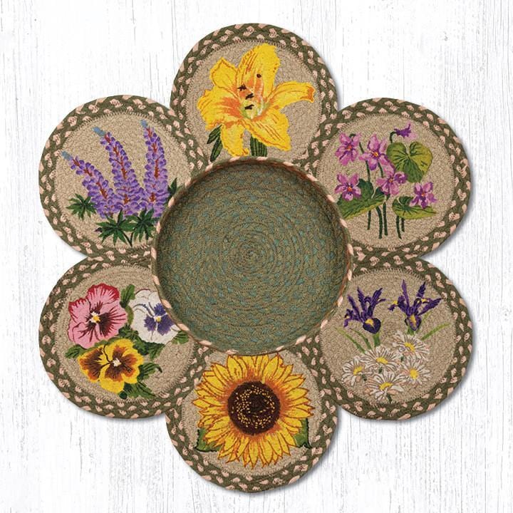 "Six 10" Braided Jute Floral Trivets w/Matching Basket by Earth Rugs. Handcrafted and Hand-Stenciled."
