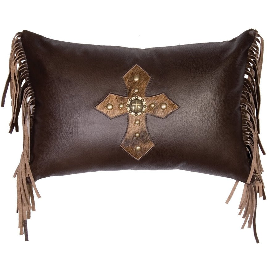 Mesa Espresso Fringed Leather Cross Cut Out Pillow