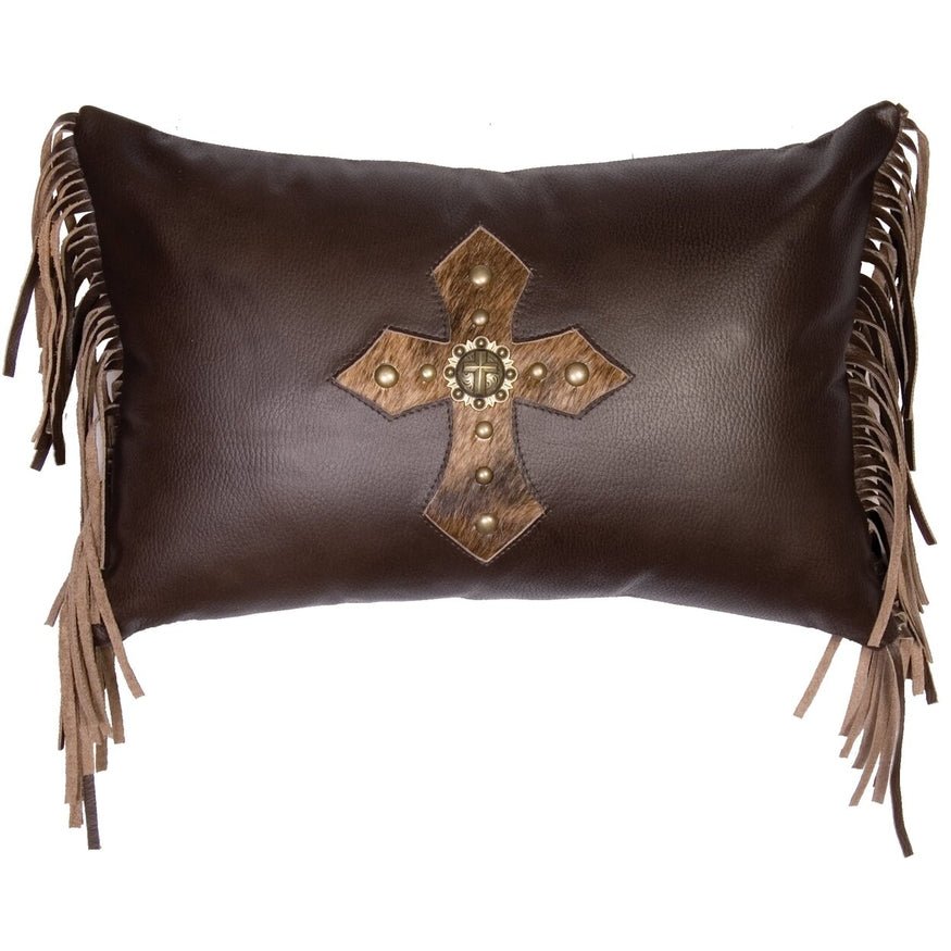 Wooded River Mesa Expresso Fringed Leather Cross Cutout Pillow - Ozark Cabin Décor, LLC
