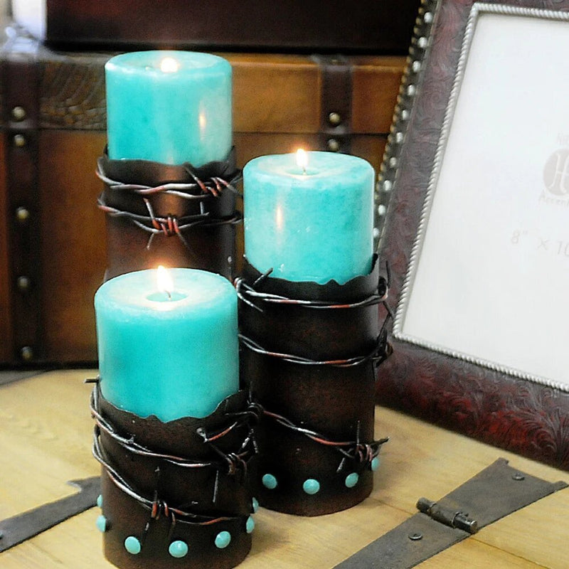 Barbwire & Turquoise Western Pillar Candle Holder - Set of 3 - Ozark Cabin Décor, LLC