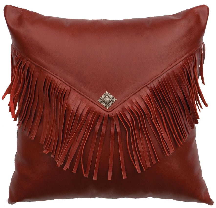 Wooded River Dark Red Fringed Leather Pillow - Ozark Cabin Décor, LLC