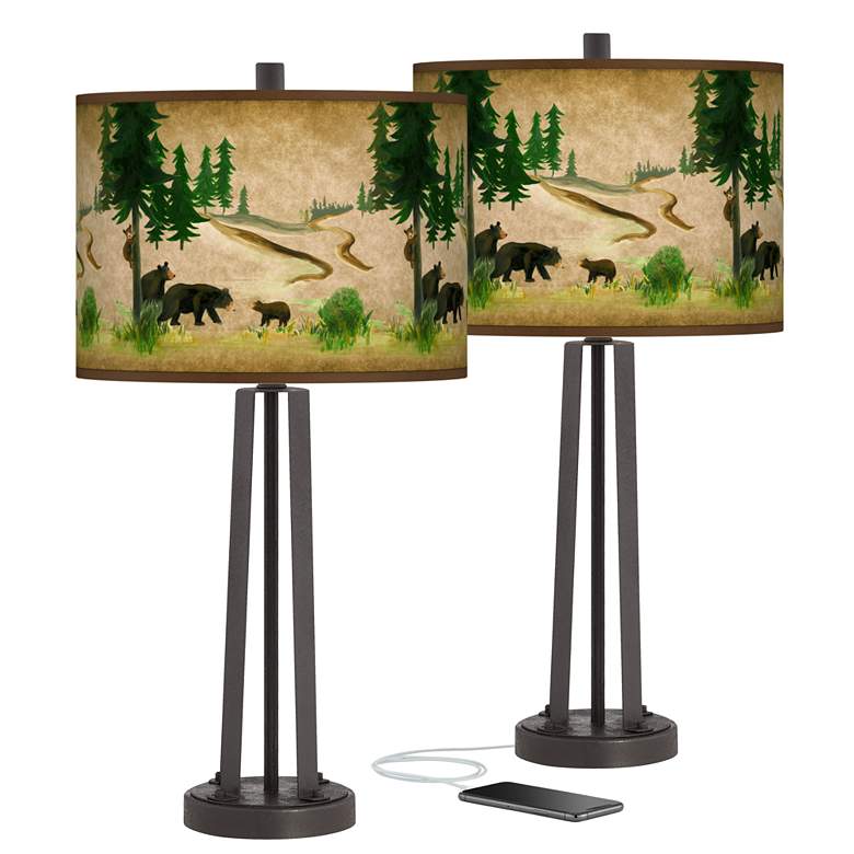 Bear Lodge Dark Bronze USB Table Lamps Set of 2 - Ozark Cabin Décor, LLC