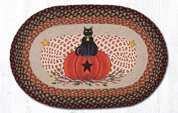 OP-222 Black Cat Pumpkin Oval Braided Rug - Ozark Cabin Décor, LLC