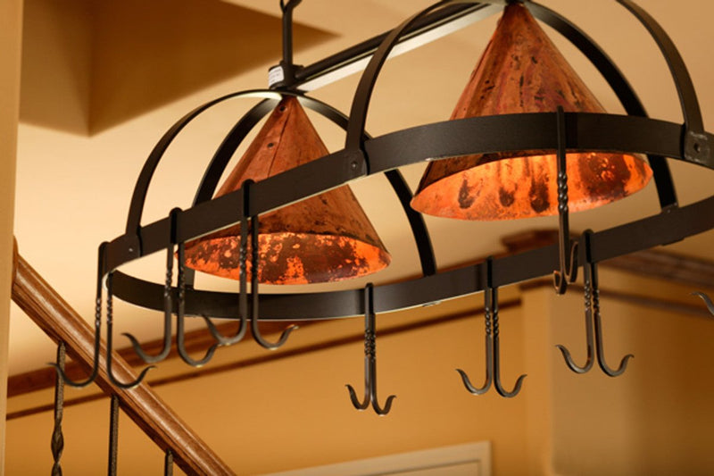 Dutch Oval Hand-Forged Iron Lighted Pot Rack With Copper Shade - Ozark Cabin Décor, LLC